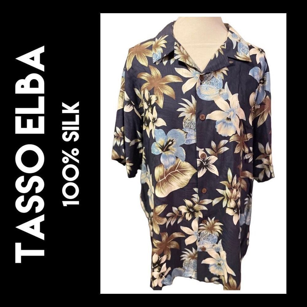 Tasso Elba Men's Button Down Shirt Collared Floral 100% Silk Navy Blue XL